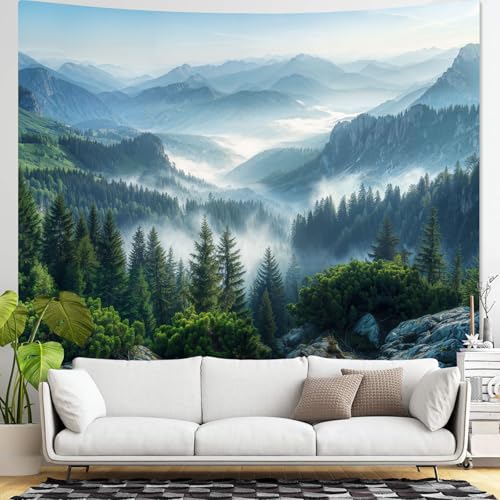 AMM Nature Forest Mountain Tapestry Green Misty Pine Tree Tapestry for Bedroom Aesthetic Foggy Woodlands Sky Landscape Tapestries Wall Hanging for Living Room Dorm 90 x 68 Inch - Image 4