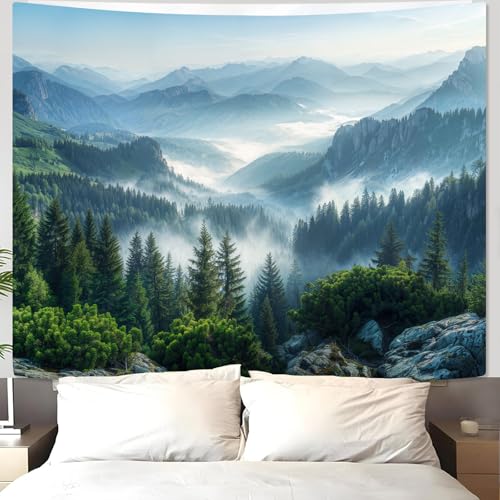 AMM Nature Forest Mountain Tapestry Green Misty Pine Tree Tapestry for Bedroom Aesthetic Foggy Woodlands Sky Landscape Tapestries Wall Hanging for Living Room Dorm 90 x 68 Inch - Image 1