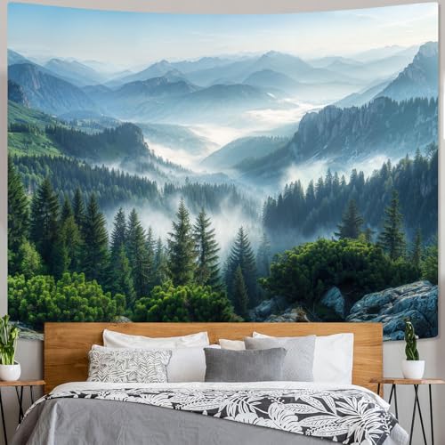 AMM Nature Forest Mountain Tapestry Green Misty Pine Tree Tapestry for Bedroom Aesthetic Foggy Woodlands Sky Landscape Tapestries Wall Hanging for Living Room Dorm 90 x 68 Inch - Image 5