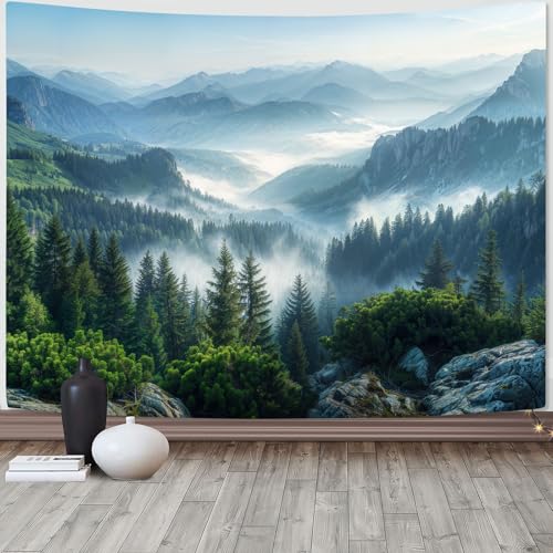AMM Nature Forest Mountain Tapestry Green Misty Pine Tree Tapestry for Bedroom Aesthetic Foggy Woodlands Sky Landscape Tapestries Wall Hanging for Living Room Dorm 90 x 68 Inch - Image 2
