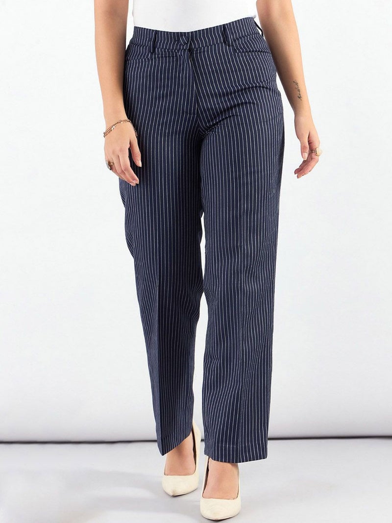 Powersutra Navy Blue Striped Tailored Trousers for Women - Image 5