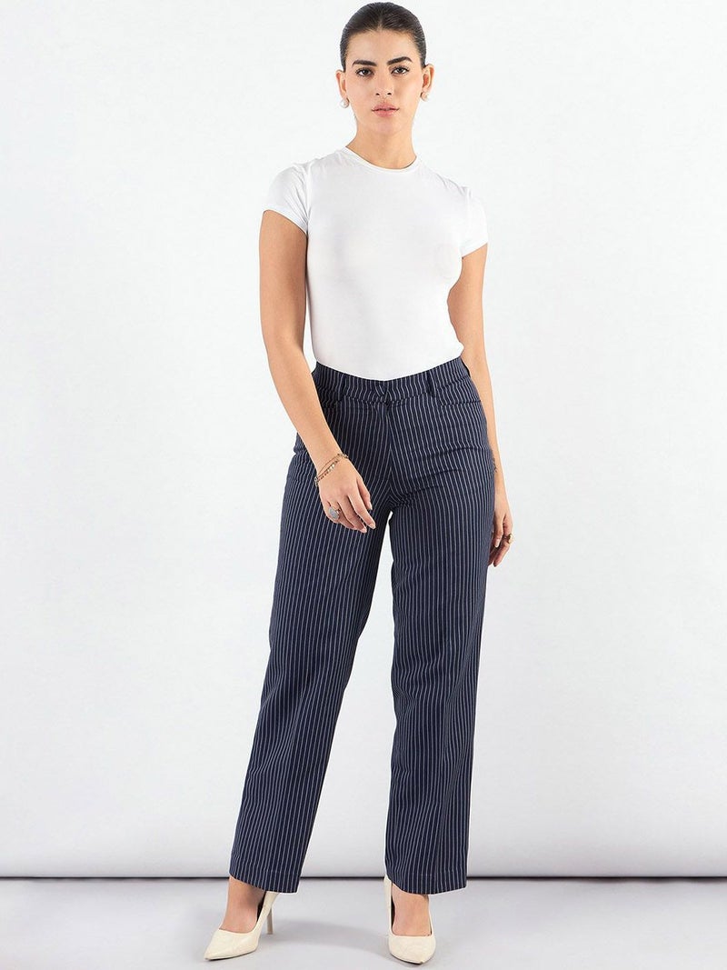Powersutra Navy Blue Striped Tailored Trousers for Women - Image 4