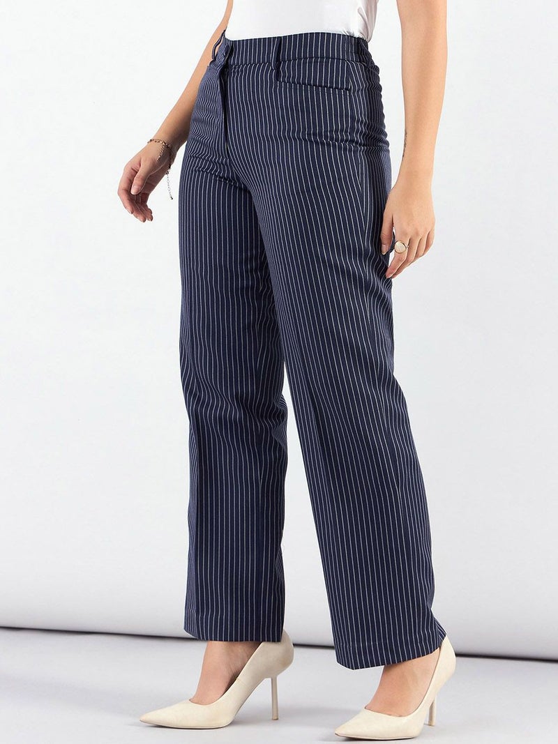 Powersutra Navy Blue Striped Tailored Trousers for Women - Image 2
