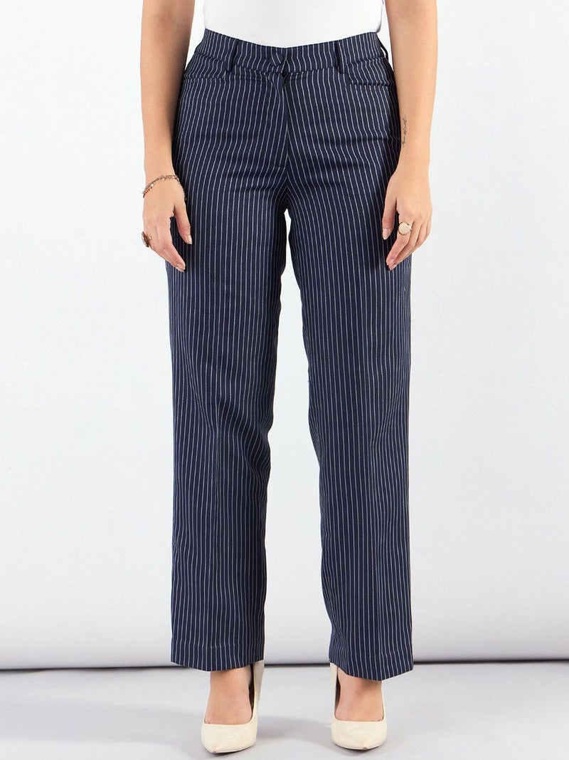Powersutra Navy Blue Striped Tailored Trousers for Women - Image 1
