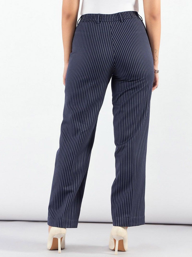 Powersutra Navy Blue Striped Tailored Trousers for Women - Image 3