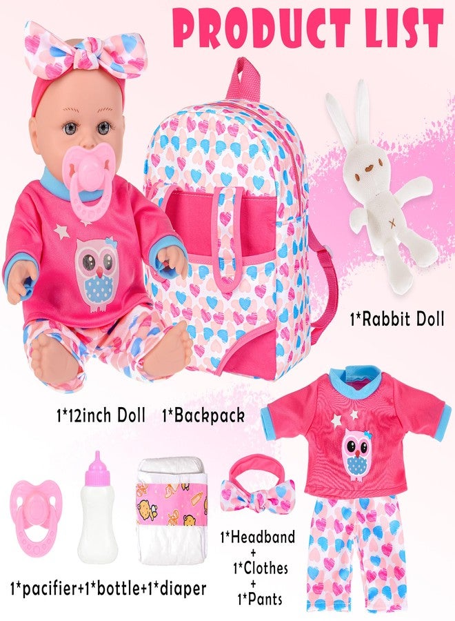 iBayda 12" Baby Doll in Gift Box with Backpack Carrier, Clothes, Feeding Bottle, Pacifier, Diaper and a Toy Rabbit Accessories, First Baby Dolls for Girls 3 Years and Up - Image 4