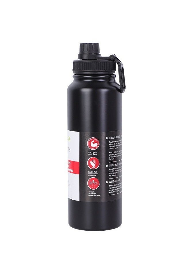 Insulated sports water bottle 1000ml Stainless Steel Reusable Water Bottle, Fitness Water Bottle for Gym, Travel, Camping, BPA Free Keep Cold 24H Hot 12H Black 1L