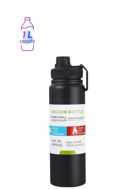 Insulated sports water bottle 1000ml Stainless Steel Reusable Water Bottle, Fitness Water Bottle for Gym, Travel, Camping, BPA Free Keep Cold 24H Hot 12H Black 1L