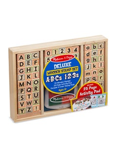 Melissa & Doug Deluxe Letters and Numbers Wooden Stamp Set ABCs 123s With Activity Book, 4-Color Stamp Pad  - Image 1