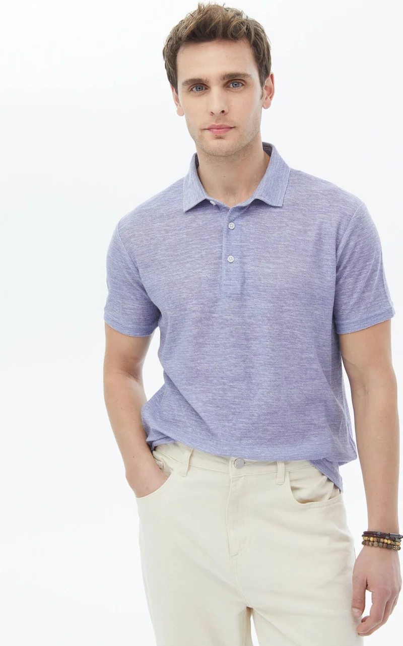 Kip Purple Printed Polo Collar Cotton Blend T-Shirt