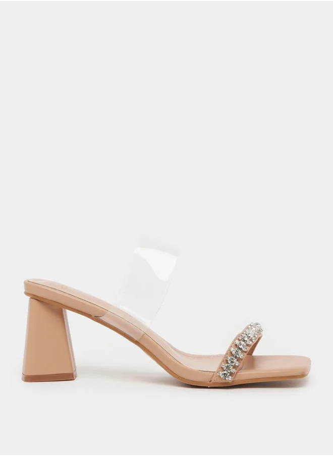 Styli Embellished Transparent Strap Square Toe Heel Sandals