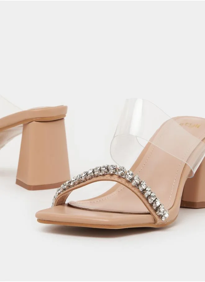Styli Embellished Transparent Strap Square Toe Heel Sandals