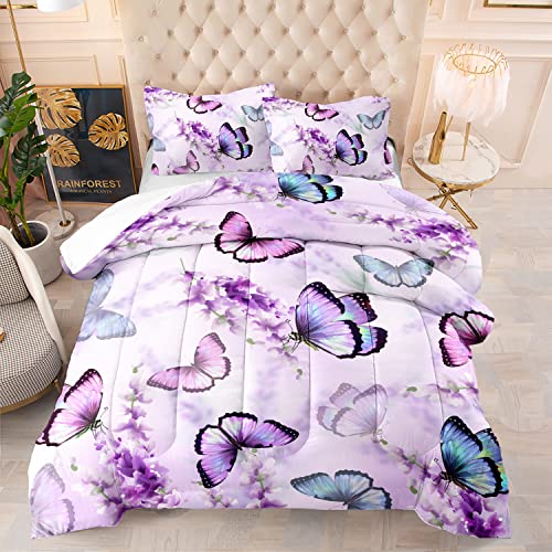 XYNHML Lavender Butterfly Comforter Set for Girl Kid Adult Colorful Butterfly Pattern Bedding Set Aesthetics Butterflies Quilt Bed Set Twin Size with 1 Comforter and 2 Pillowcases