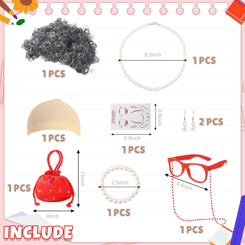 EchoElce 100 Days of School Costume for Girls Old Lady Costume for Kids Grandma Wig Glasses Chain Necklace Bracelet Grandma Dress up Cosplay Accessories Set(Red) - Image 2