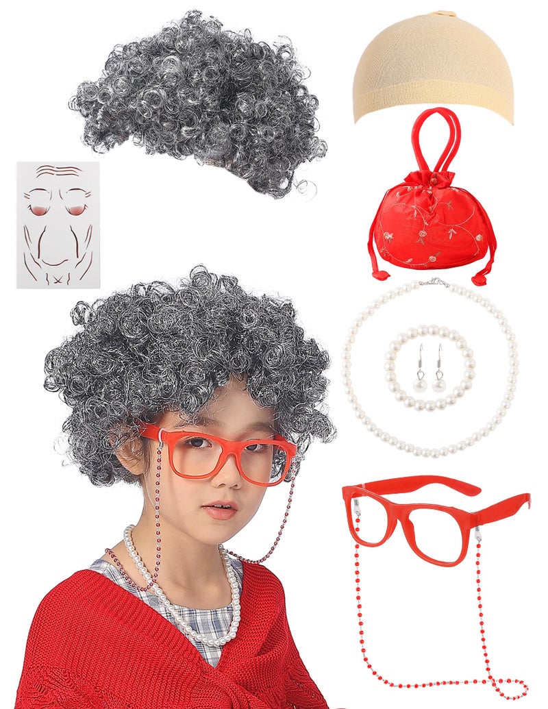 EchoElce 100 Days of School Costume for Girls Old Lady Costume for Kids Grandma Wig Glasses Chain Necklace Bracelet Grandma Dress up Cosplay Accessories Set(Red) - Image 1