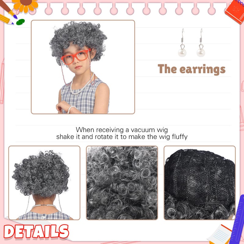 EchoElce 100 Days of School Costume for Girls Old Lady Costume for Kids Grandma Wig Glasses Chain Necklace Bracelet Grandma Dress up Cosplay Accessories Set(Red) - Image 3