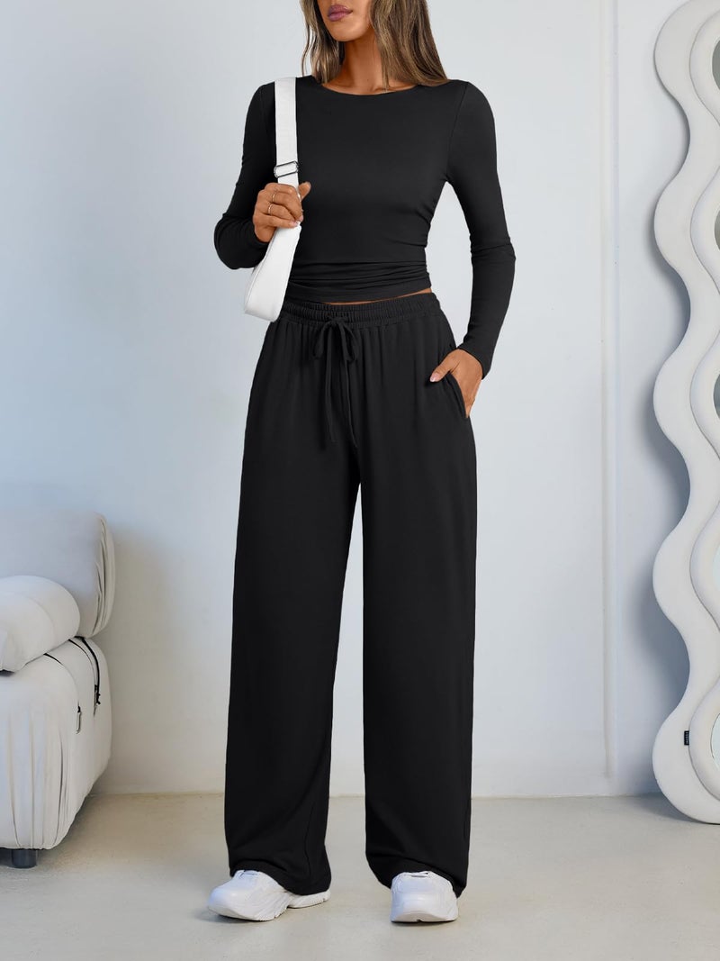 LILLUSORY Lounge Sets for Women Two 2 Piece matching Loungewear Sets Women Winter Clothing 2026 Fall Fashion Travel Airport Outfits Sweatsuits Casual Cute Clothes Black M - Image 5