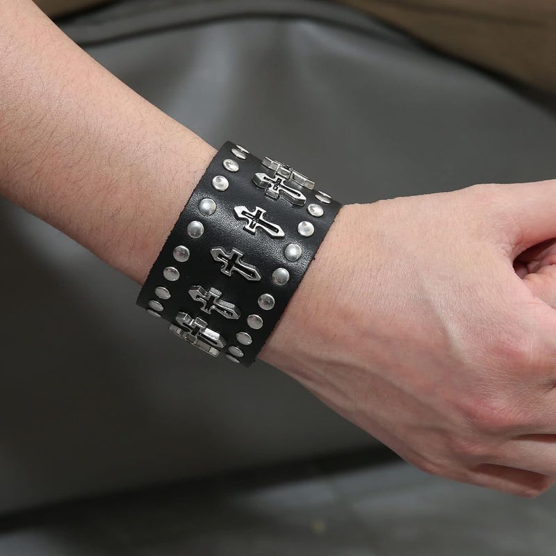 STWTR Black metal rivets studs punk rock biker wide belt leather bracelet guard wrist strap skull - Image 2