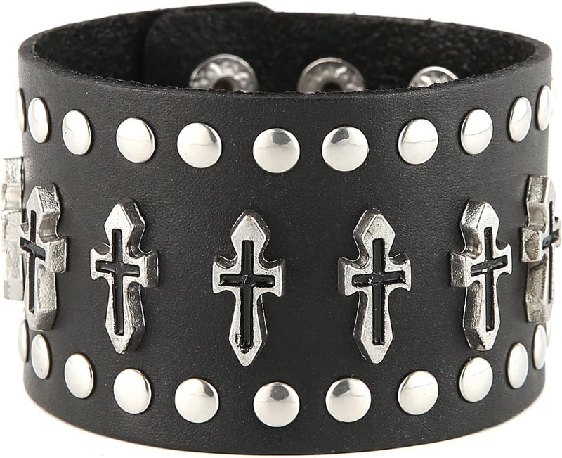 STWTR Black metal rivets studs punk rock biker wide belt leather bracelet guard wrist strap skull - Image 4