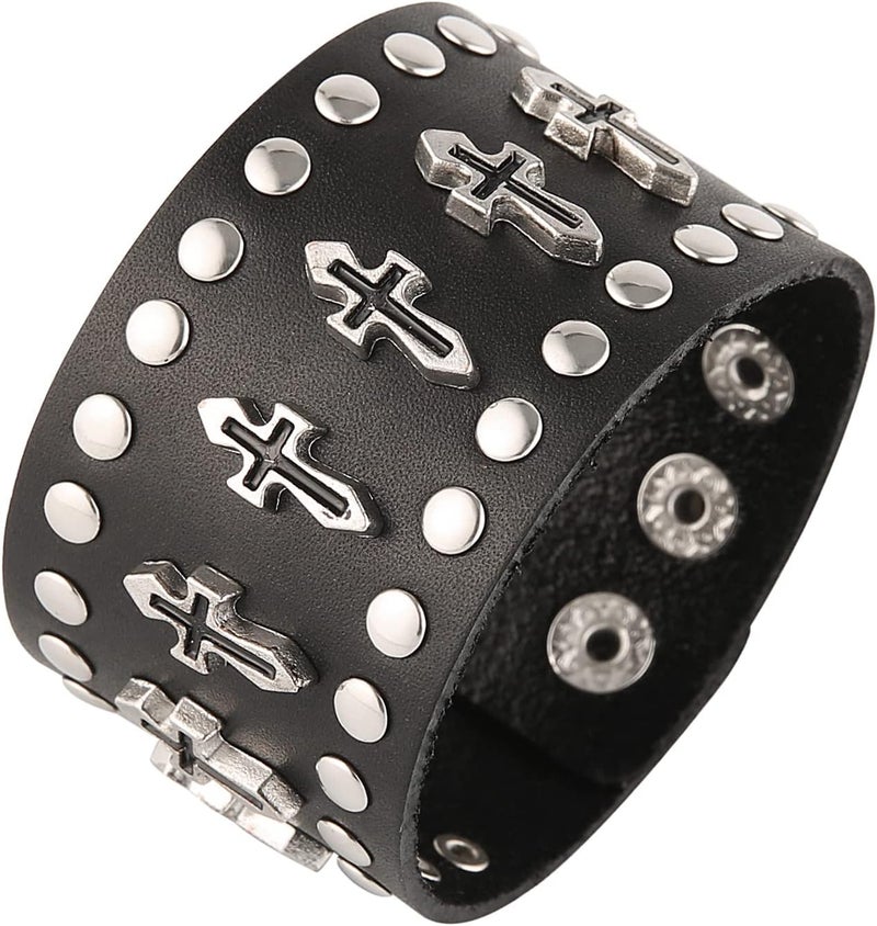 STWTR Black metal rivets studs punk rock biker wide belt leather bracelet guard wrist strap skull - Image 1