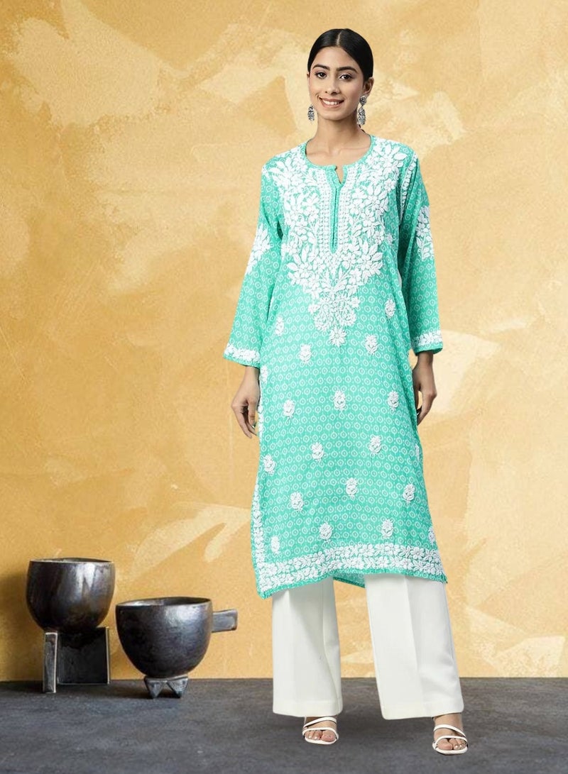 Alaya Women Hand Embroidered Lucknowi Chikankari Mulmul Cotton Kurta - AL3650 - Image 1