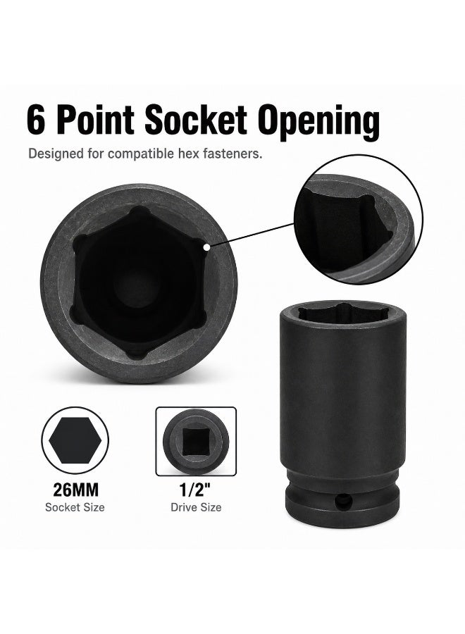 26mm Deep Impact Socket, 1/2 Inch Drive, Long Cr-Mo Steel Socket for Impact Wrench, Ratchet, Auto Repair, Garage & Workshop - Image 4