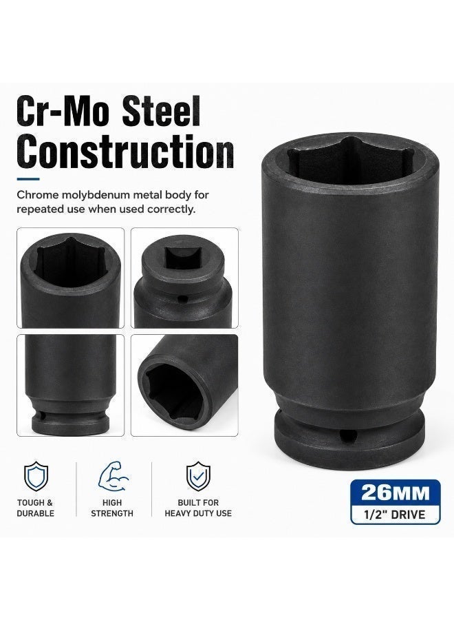26mm Deep Impact Socket, 1/2 Inch Drive, Long Cr-Mo Steel Socket for Impact Wrench, Ratchet, Auto Repair, Garage & Workshop - Image 5