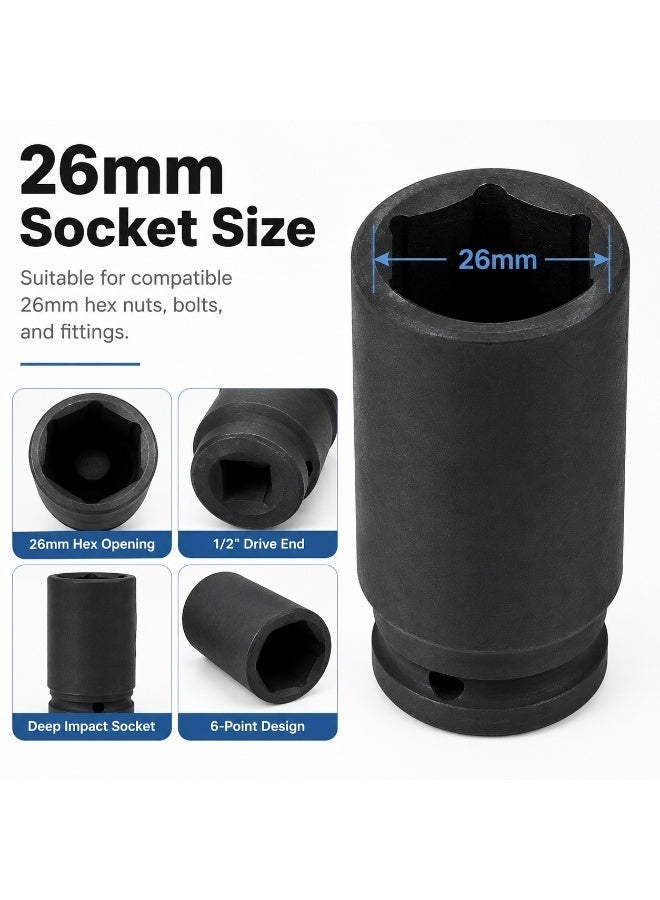 26mm Deep Impact Socket, 1/2 Inch Drive, Long Cr-Mo Steel Socket for Impact Wrench, Ratchet, Auto Repair, Garage & Workshop - Image 2