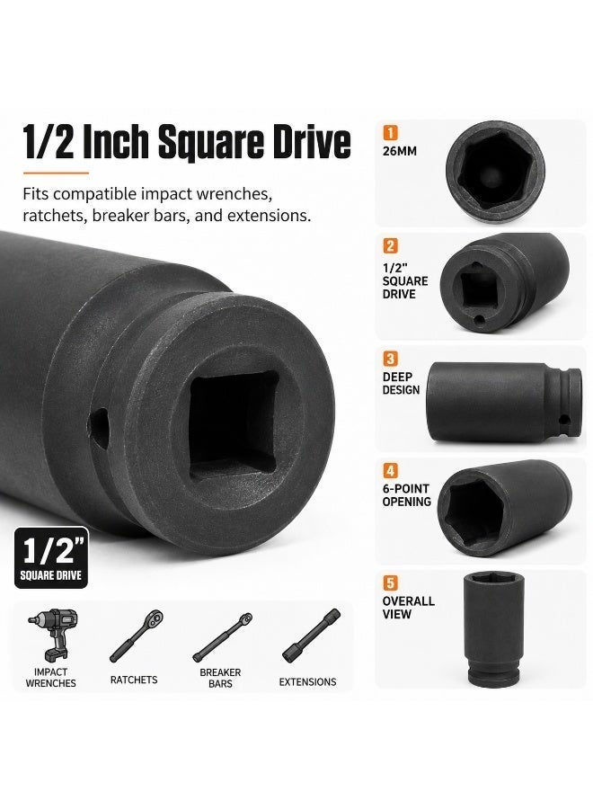 26mm Deep Impact Socket, 1/2 Inch Drive, Long Cr-Mo Steel Socket for Impact Wrench, Ratchet, Auto Repair, Garage & Workshop - Image 3