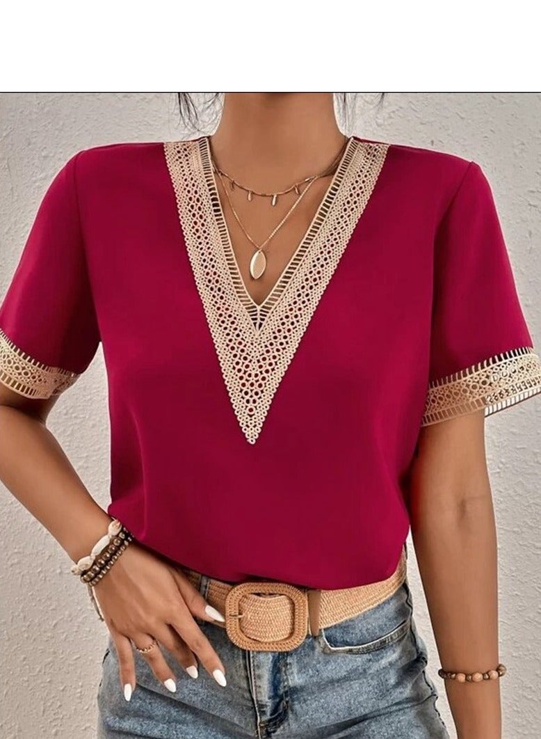 Shougu Short Sleeved V-neck Casual Ssolid Color Shirt For Women  - Image 1