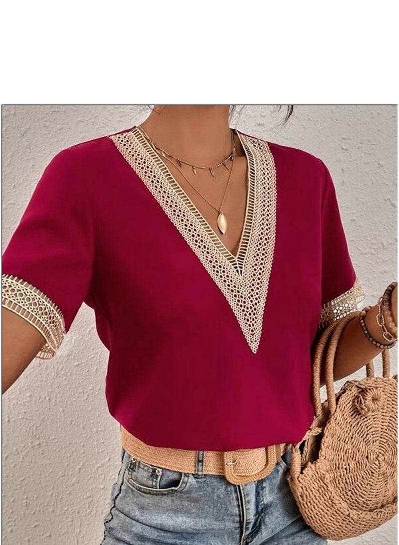Shougu Short Sleeved V-neck Casual Ssolid Color Shirt For Women  - Image 2