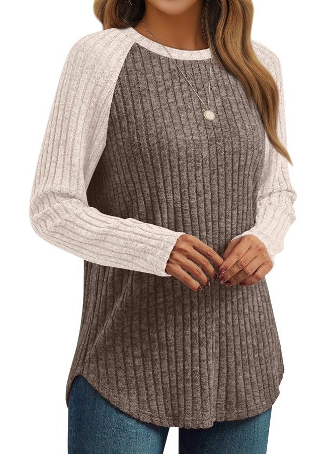 AUTOMET Womens Long Sleeve Shirts Fall Fashion Tops 2025 Crewneck Dressy Sweaters Tunic Winter Clothes Casual Outfits, Khaki 03, S - Image 1