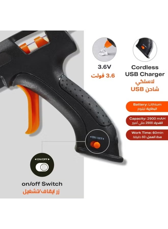 Cordless Glue Gun -15W 3.7V Black - Hot Melt Glue Gun with 20 Glue Sticks (7.4x200mm) and USB Cable Battery Operated Glue Gun DIY Tool for Art Crafts Decorations - Image 3