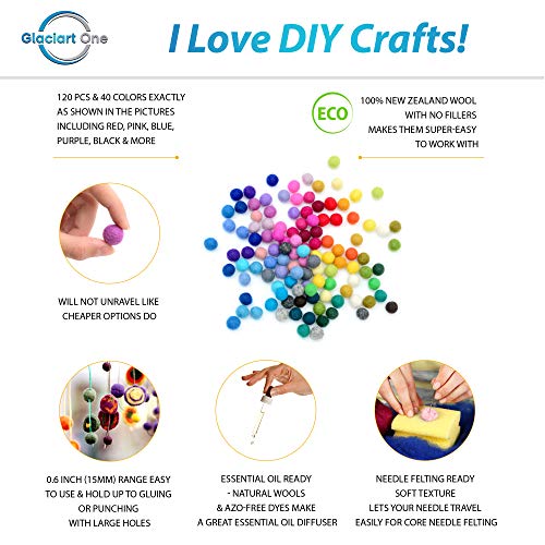 Glaciart One Wool Felt Balls, Felt Pom Pom Balls (120 Pieces) 1.5 cm - 0.6 Inch, Handmade Felted 40 Color (Red, Blue, Yellow, Gray, Black, Pastel and More) Bulk Small Puff for Felting and Garland - Image 2