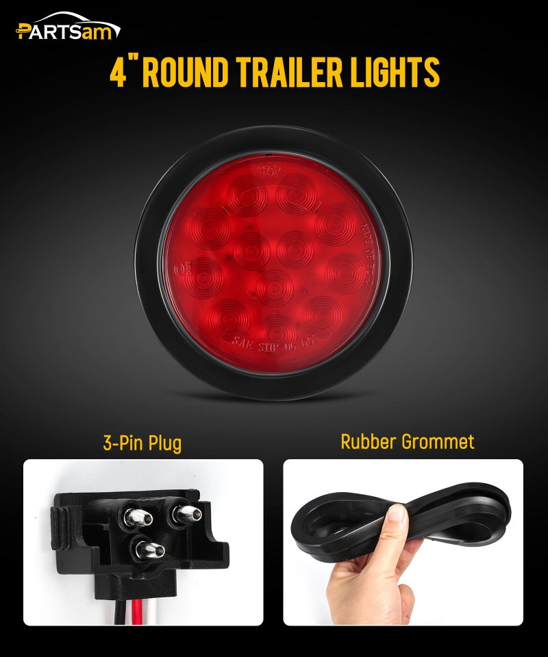Partsam 8Pcs 4" Round Red LED Trailer Tail Light, 4 Inch Round Led Stop Turn Tail Lights Brake Brake Trailer Lights for RV Trucks, Rubber Grommets and 3-Prong Wire Pigtails Included - Image 2