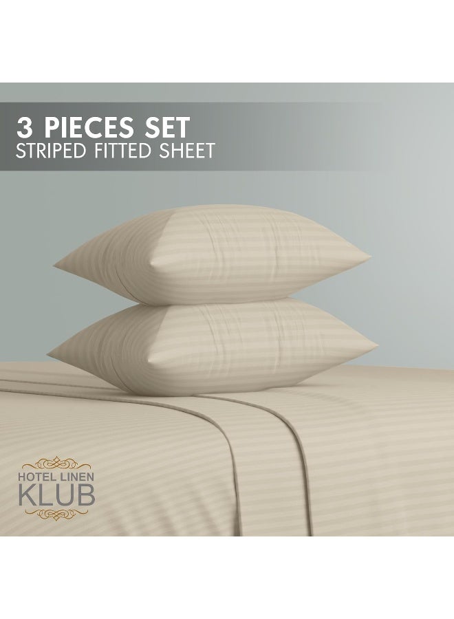 Hotel Linen Klub Hotel Linen Klub Striped Microfiber Fitted Sheet Set - King (180 x 200 cm) + 2 Pillowcases (50 x 75 cm), Beige  - Image 2