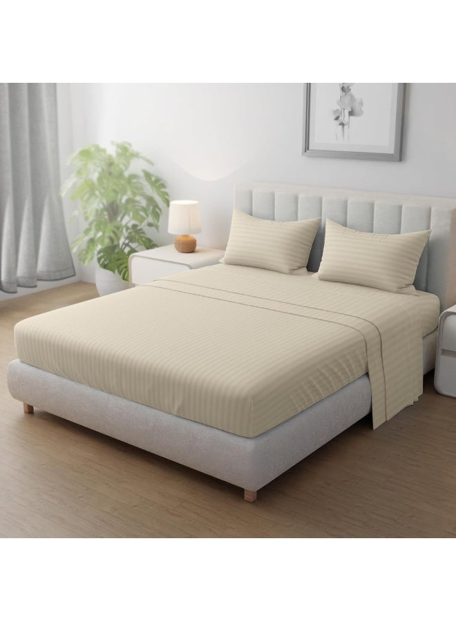 Hotel Linen Klub Hotel Linen Klub Striped Microfiber Fitted Sheet Set - King (180 x 200 cm) + 2 Pillowcases (50 x 75 cm), Beige  - Image 1