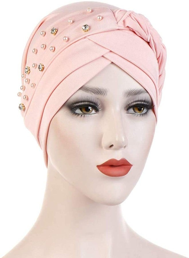 canjoyn Women Girls Turban Hat, Rhinestone Pearl Braid Turban Head Wrap Baggy Slouchy Beanie Chemo Cap Headwear Hair Wrap - Image 2