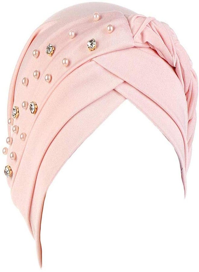 canjoyn Women Girls Turban Hat, Rhinestone Pearl Braid Turban Head Wrap Baggy Slouchy Beanie Chemo Cap Headwear Hair Wrap - Image 1