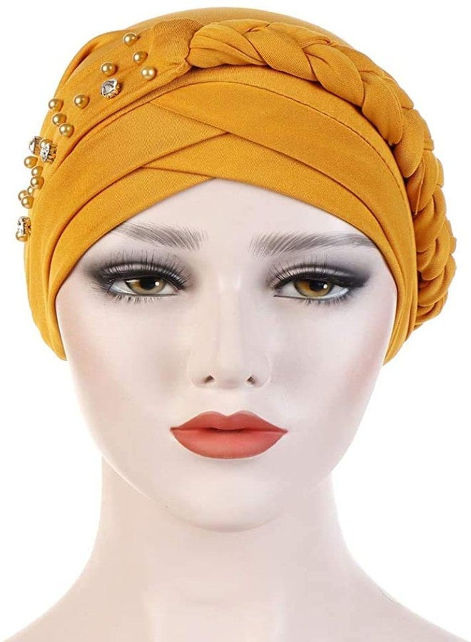 canjoyn Women Girls Turban Hat, Rhinestone Pearl Braid Turban Head Wrap Baggy Slouchy Beanie Chemo Cap Headwear Hair Wrap - Image 3