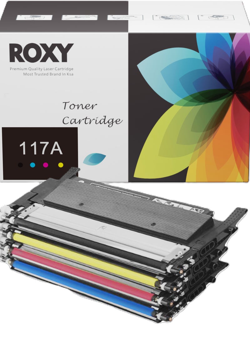 روكسي مجموعة خراطيش حبر متوافقة 117A مع شريحة - بديلة لطابعات HP W2070A، W2071A، W2072A، W2073A - من ROXY - لطابعات HP 117a، 150a، 150nw، 178nwg، 179fnw - عبوة من 4 قطع (أسود، سماوي، أرجواني، أصفر) - Image 1