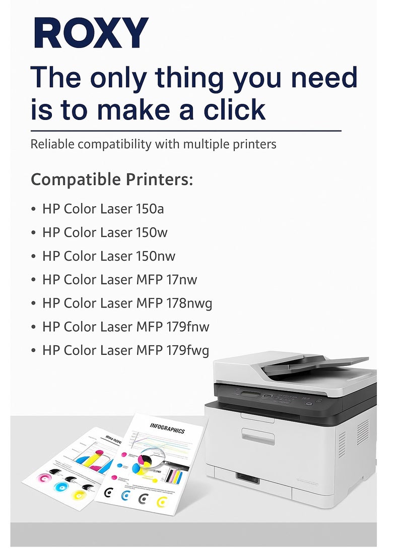 روكسي مجموعة خراطيش حبر متوافقة 117A مع شريحة - بديلة لطابعات HP W2070A، W2071A، W2072A، W2073A - من ROXY - لطابعات HP 117a، 150a، 150nw، 178nwg، 179fnw - عبوة من 4 قطع (أسود، سماوي، أرجواني، أصفر) - Image 3