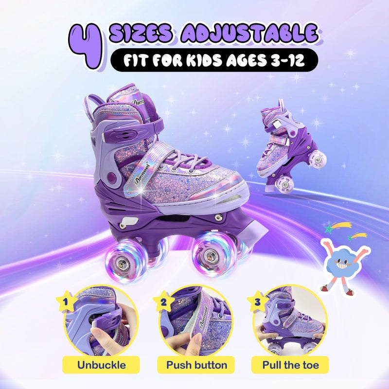 DFXLF Kids Roller Skates for Girls Boys 4 Size Adjustable Ages 3-5 5-8 6-12 Purple Quad Rollerskates with Light Up Wheels for Beginner Children's Birthday Gift patines para niÃ±as Outdoor Sports - Image 3