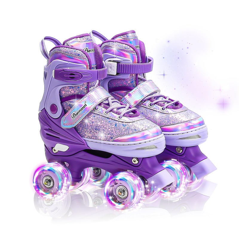 DFXLF Kids Roller Skates for Girls Boys 4 Size Adjustable Ages 3-5 5-8 6-12 Purple Quad Rollerskates with Light Up Wheels for Beginner Children's Birthday Gift patines para niÃ±as Outdoor Sports - Image 1