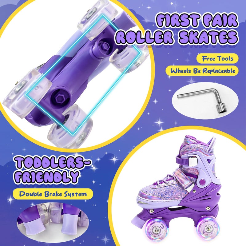 DFXLF Kids Roller Skates for Girls Boys 4 Size Adjustable Ages 3-5 5-8 6-12 Purple Quad Rollerskates with Light Up Wheels for Beginner Children's Birthday Gift patines para niÃ±as Outdoor Sports - Image 4