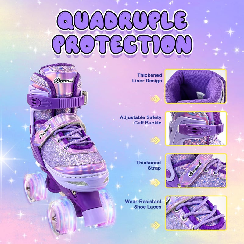 DFXLF Kids Roller Skates for Girls Boys 4 Size Adjustable Ages 3-5 5-8 6-12 Purple Quad Rollerskates with Light Up Wheels for Beginner Children's Birthday Gift patines para niÃ±as Outdoor Sports - Image 5