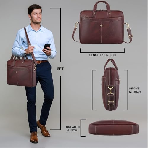WildHorn Genuine Leather Office Bag | 15.6-Inch Laptop Bag | Professional Leather Bag with Adjustable Straps, Multiple Compartments & Front and Back Zippers | 1-Year Warranty (Maroon) - Image 2