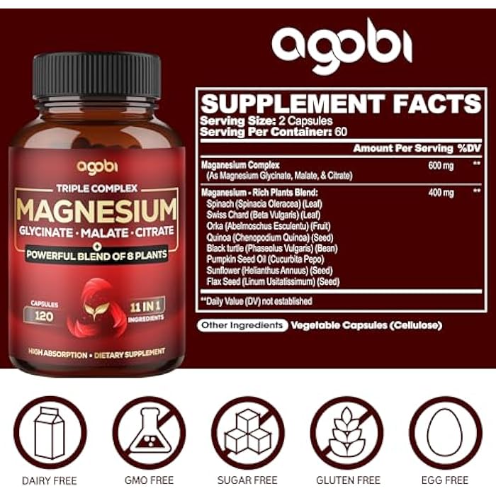 agobi Magnesium Triple Complex - 600mg Magnesium Glycinate, Malate & Citrate - Added Spinach, Swiss Chard & Others - Support Calm, Restful Mood & Muscle Cramp - 120 Capsules - Image 2