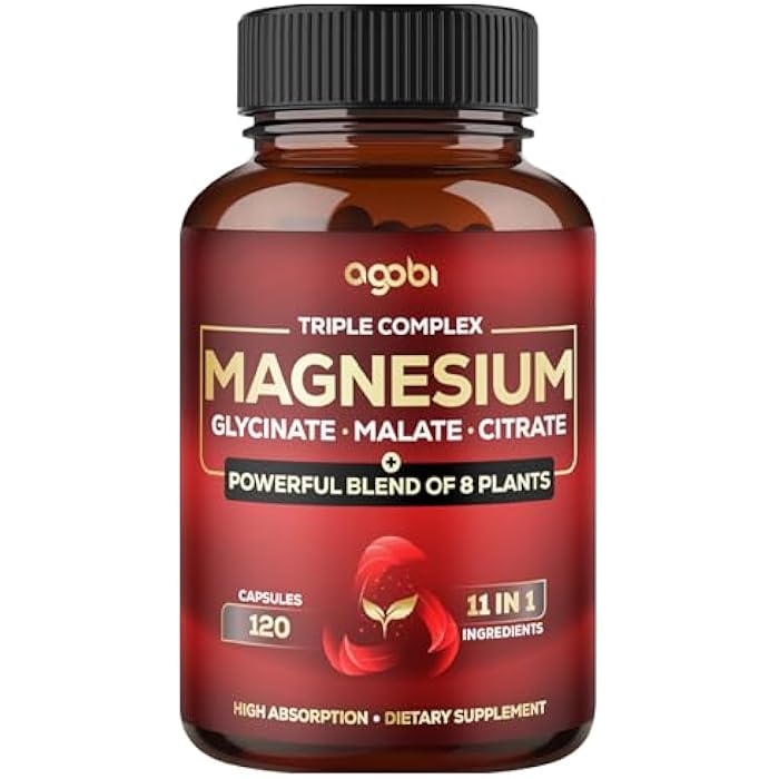 agobi Magnesium Triple Complex - 600mg Magnesium Glycinate, Malate & Citrate - Added Spinach, Swiss Chard & Others - Support Calm, Restful Mood & Muscle Cramp - 120 Capsules - Image 1