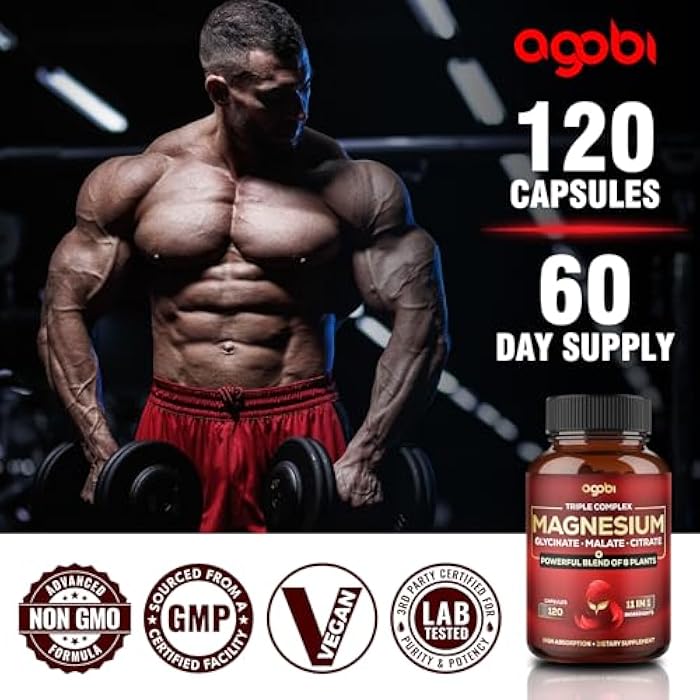 agobi Magnesium Triple Complex - 600mg Magnesium Glycinate, Malate & Citrate - Added Spinach, Swiss Chard & Others - Support Calm, Restful Mood & Muscle Cramp - 120 Capsules - Image 5